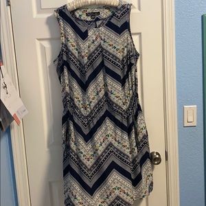 Blue patterned drop waist and zipper pockets dress